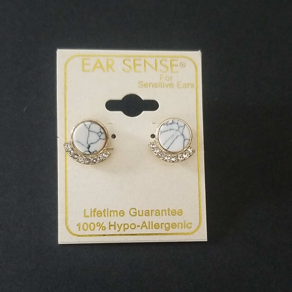 White Marble & Gold Crescent Stud Earrings
